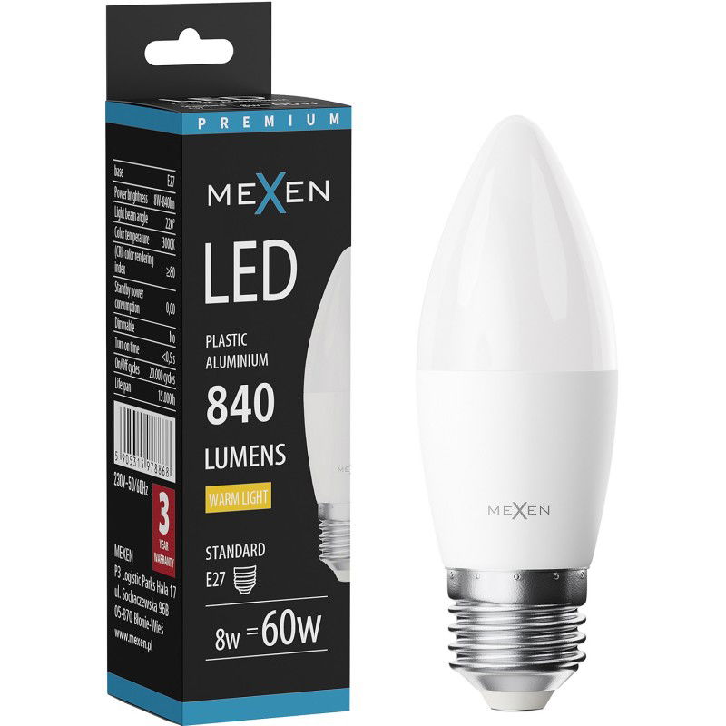 Mexen Nova LED-lampa E27, C37, 8W, Varm - 3000K, 840 lm - L102-E27-0830-01
