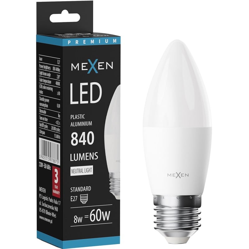 Mexen Nova LED-lamp E27, C37, 8W, Neutraal - 4000K, 840 lm - L102-E27-0840-01