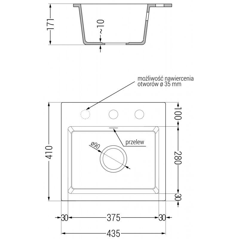 Mexen Milo granitische gootsteen 1-kamer 435 x 410 mm, grijs, gouden sifon - 6505441000-71-G