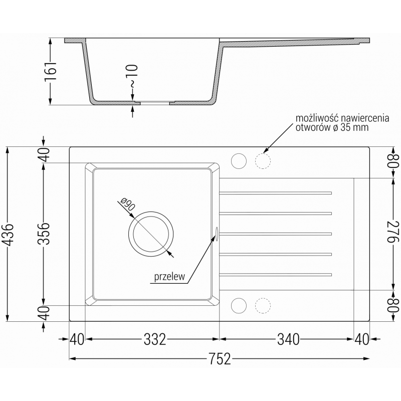 Mexen Pablo granite sink 1-bowl with drainer 752 x 436 mm, beige, golden siphon - 6510751010-69-G