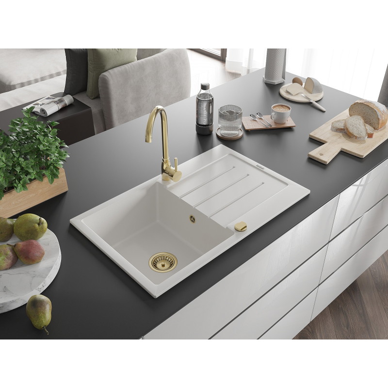 Mexen Bruno granitische gootsteen 1-komorige met druipsysteem 795 x 495 mm, wit, gouden sifon - 6513791010-20-G