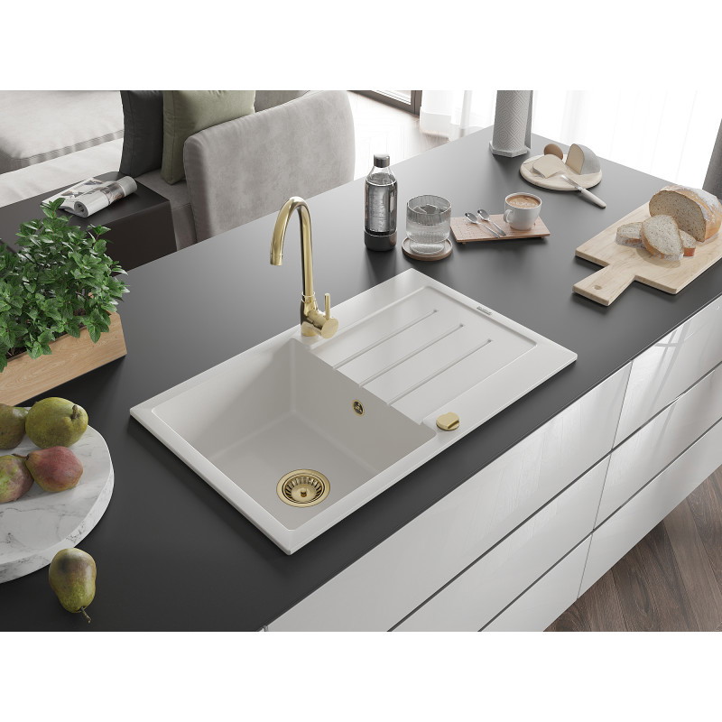 Mexen Bruno Granitspüle 1-Becken mit Abtropffläche 795 x 495 mm, weiß, goldener Siphon - 6513791010-20-G