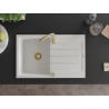 Mexen Bruno Granitspüle 1-beckig mit Abtropffläche 795 x 495 mm, weiß, goldener Siphon - 6513791010-20-G