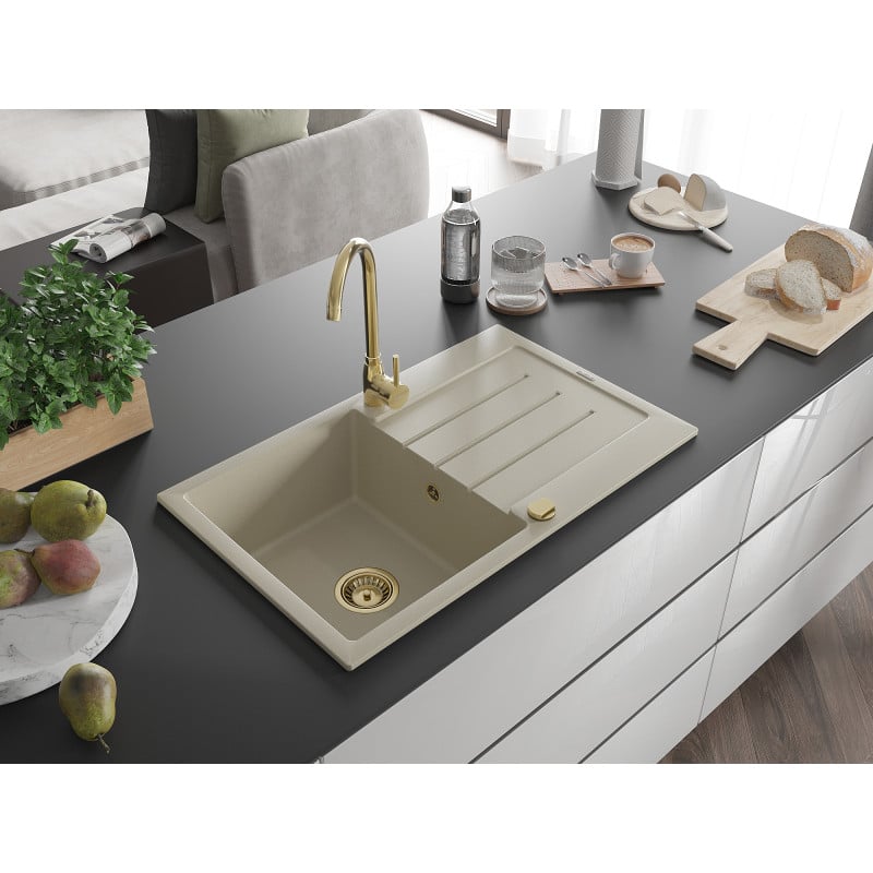 Mexen Bruno Évier en granit à 1 bac avec égouttoir 795 x 495 mm, beige, siphon doré - 6513791010-69-G