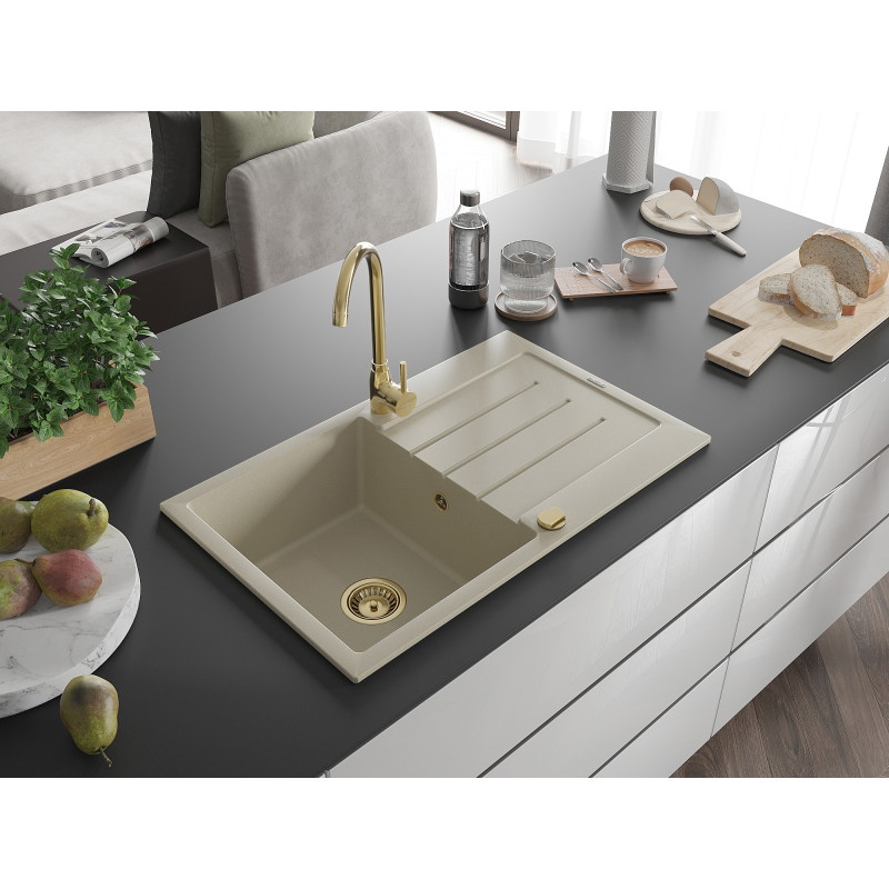 Mexen Bruno granitgootsteen 1-kompartment met afdruiprek 795 x 495 mm, beige, gouden sifon - 6513791010-69-G