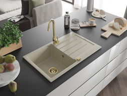 Mexen Bruno granieten gootsteen 1-kommer met afdruiprek 795 x 495 mm, beige, gouden sifon - 6513791010-69-G