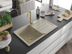 Mexen Bruno Granitspüle 1-Becken mit Abtropffläche 795 x 495 mm, beige, goldener Siphon - 6513791010-69-G