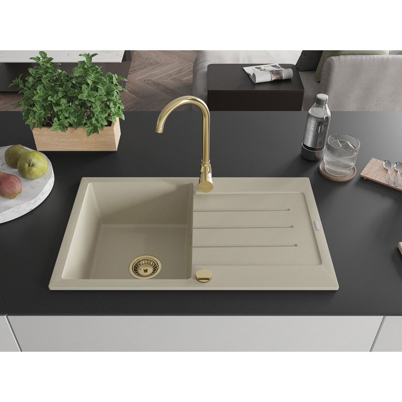 Mexen Bruno granitgootsteen 1-kompartment met afdruiprek 795 x 495 mm, beige, gouden sifon - 6513791010-69-G