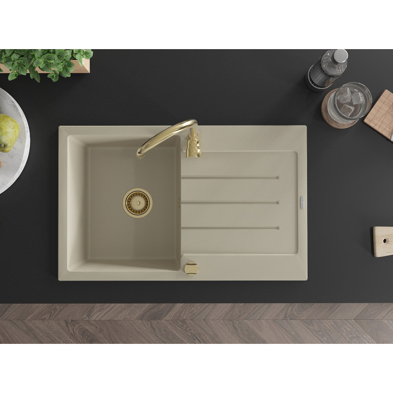 Mexen Bruno granitspüle 1-beckig mit Abtropffläche 795 x 495 mm, beige, Siphon gold - 6513791010-69-G