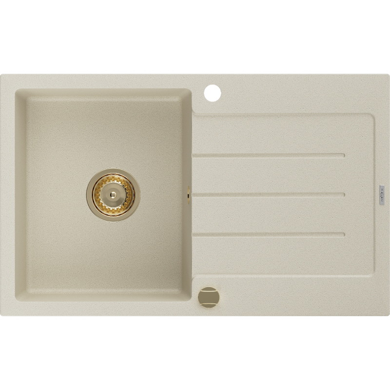 Mexen Bruno granieten spoelbak met 1 bak en afdruiprek 795 x 495 mm, beige, gouden sifon - 6513791010-69-G