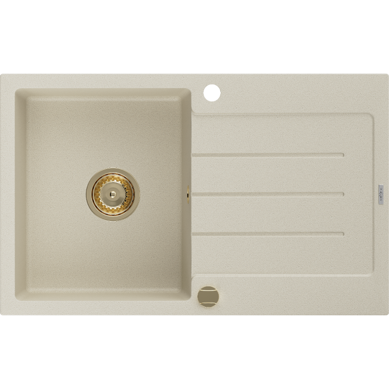 Mexen Bruno granitgootsteen 1-kompartment met afdruiprek 795 x 495 mm, beige, gouden sifon - 6513791010-69-G