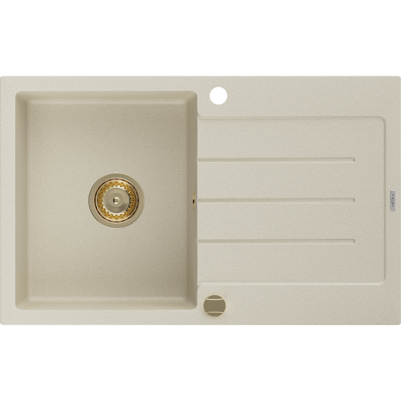 Mexen Bruno Granitspüle 1-Becken mit Abtropffläche 795 x 495 mm, beige, goldener Siphon - 6513791010-69-G