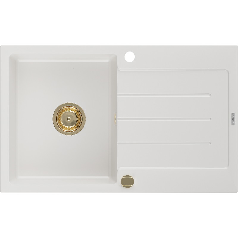 Mexen Bruno granitische gootsteen 1-komorige met druipsysteem 795 x 495 mm, wit, gouden sifon - 6513791010-20-G