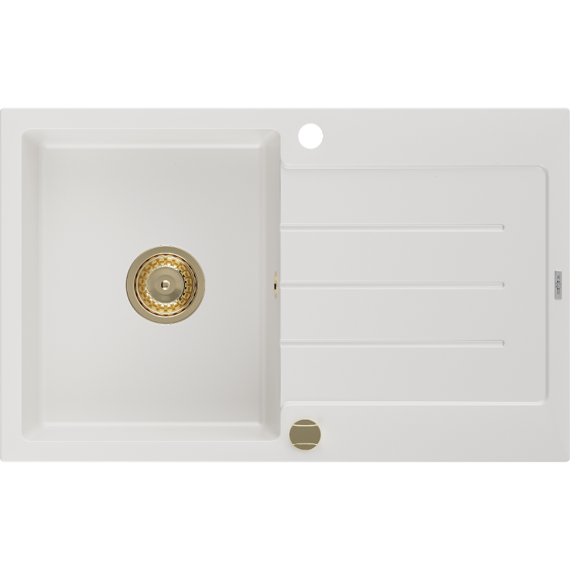 Mexen Bruno lava-louça de granito de 1 cuba com escorredor 795 x 495 mm, branco, sifão dourado - 6513791010-20-G