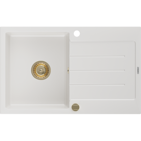 Mexen Bruno granieten gootsteen met 1 bak en afdruiprek 795 x 495 mm, wit, gouden sifon - 6513791010-20-G