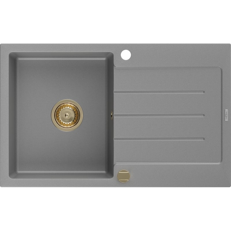 Mexen Bruno évier en granit 1 bac avec égouttoir 795 x 495 mm, gris, siphon doré - 6513791010-71-G