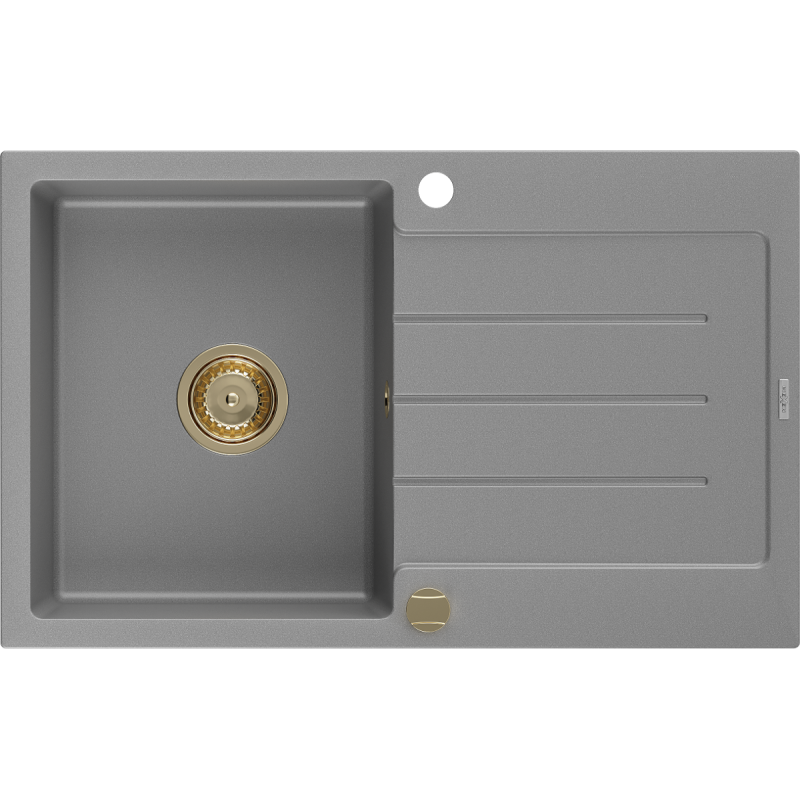 Mexen Bruno granieten gootsteen 1-kamer met afdruiprek 795 x 495 mm, grijs, gouden sifon - 6513791010-71-G