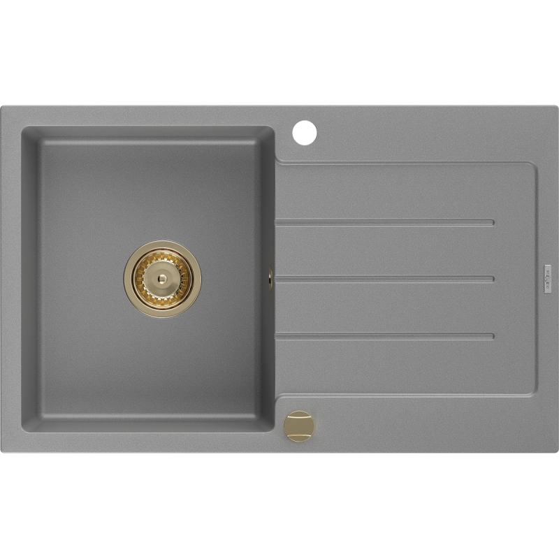 Mexen Bruno granite sink 1-bowl with drainer 795 x 495 mm, grey, gold siphon - 6513791010-71-G