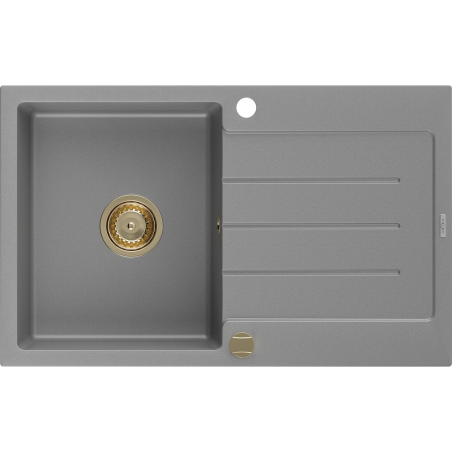 Mexen Bruno granieten gootsteen 1-kamer met afdruiprek 795 x 495 mm, grijs, gouden sifon - 6513791010-71-G