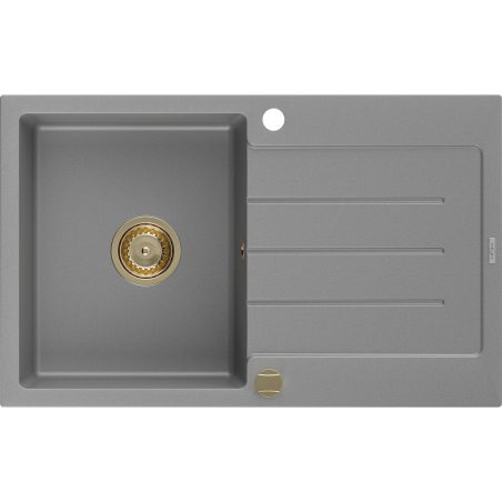 Mexen Bruno grānīta izlietne ar vienu nodalījumu un noteces zonu 795 x 495 mm, pelēka, zelta sifons - 6513791010-71-G