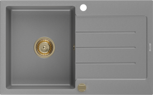 Mexen Bruno granieten gootsteen 1-kamer met afdruiprek 795 x 495 mm, grijs, gouden sifon - 6513791010-71-G