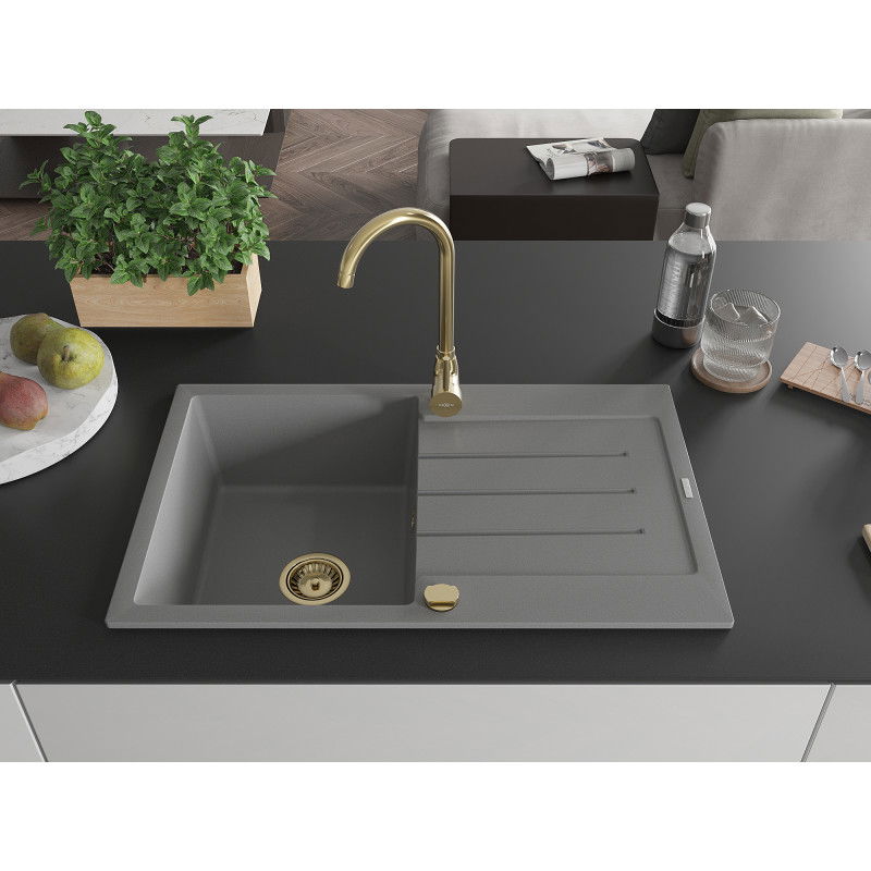 Mexen Bruno granite sink 1-bowl with drainer 795 x 495 mm, grey, gold siphon - 6513791010-71-G