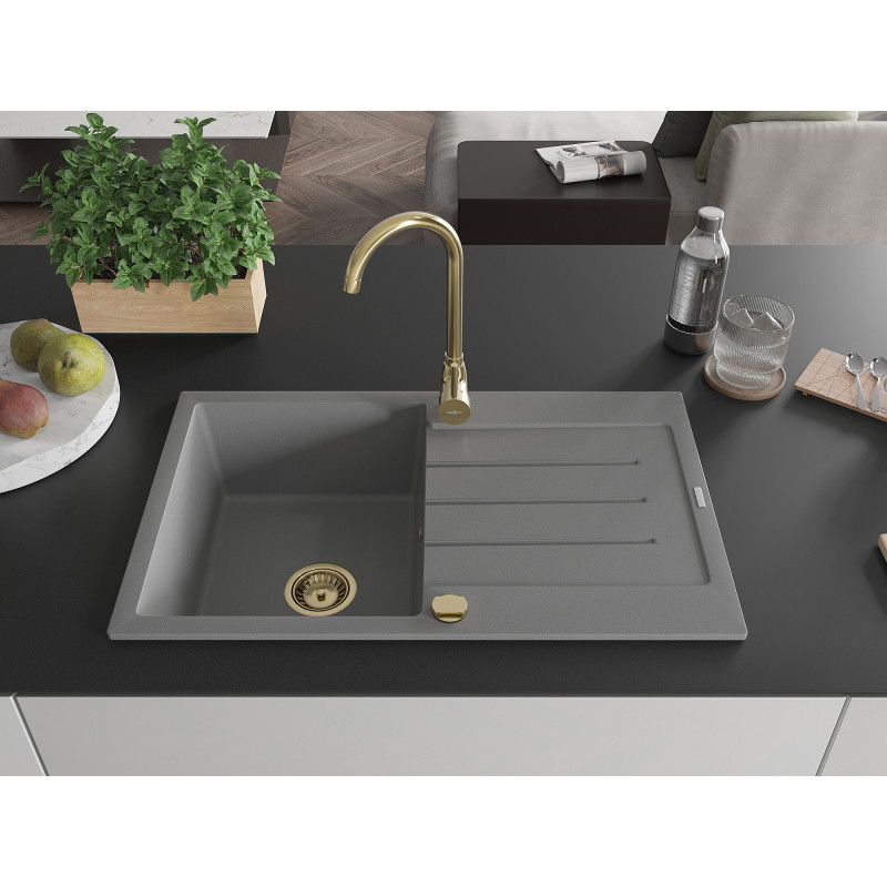 Mexen Bruno Granitspüle 1-Becken mit Abtropffläche 795 x 495 mm, grau, goldener Syphon - 6513791010-71-G