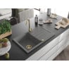 Mexen Bruno évier en granit 1 bac avec égouttoir 795 x 495 mm, gris, siphon doré - 6513791010-71-G