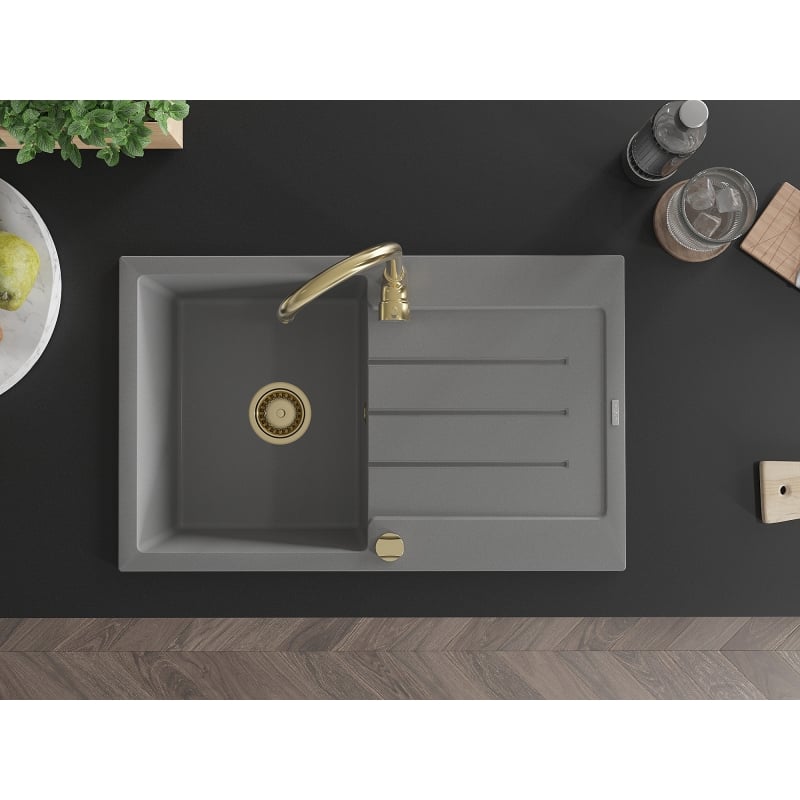 Mexen Bruno évier en granit 1 bac avec égouttoir 795 x 495 mm, gris, siphon doré - 6513791010-71-G