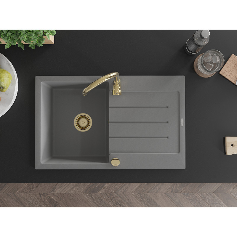 Mexen Bruno granit gootsteen 1-kamer met afdruiprek 795 x 495 mm, grijs, gouden sifon - 6513791010-71-G