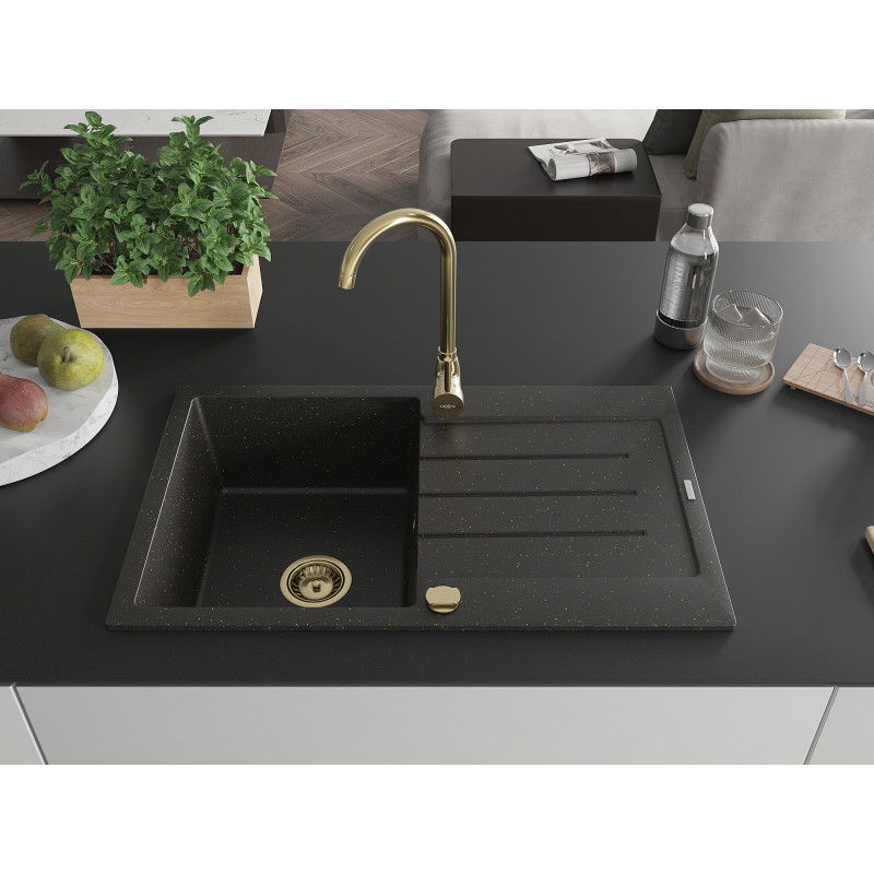 Mexen Bruno single-bowl granite sink with drainer 795 x 495 mm, black/gold metallic, gold siphon - 6513791010-75-G