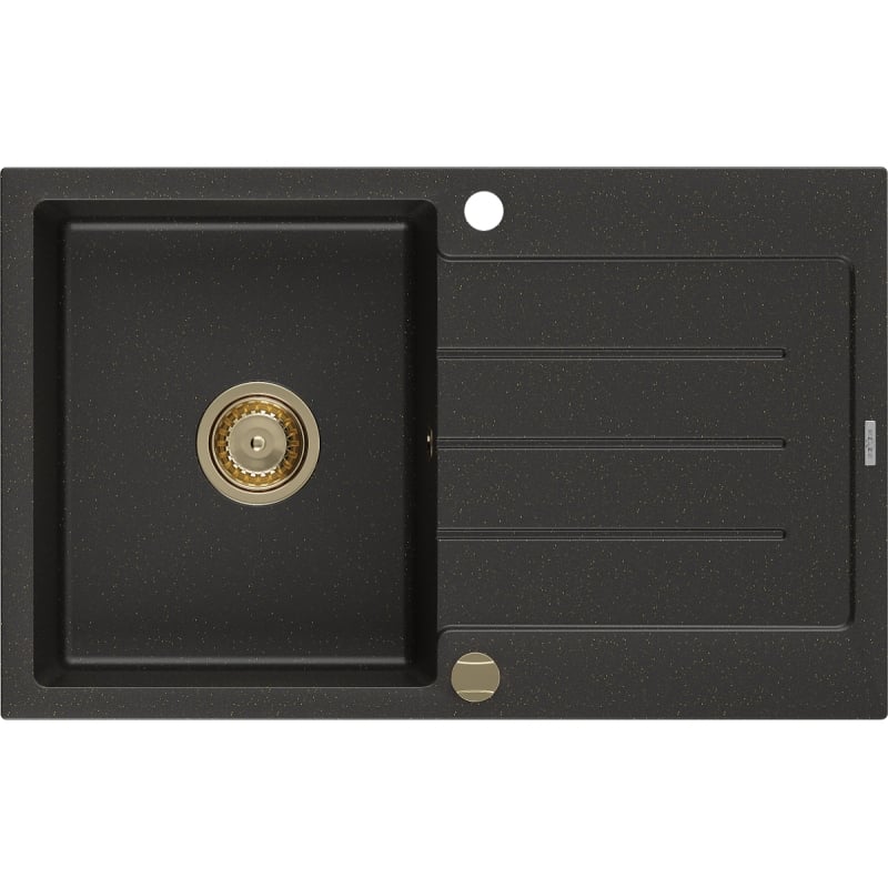 Mexen Bruno 1-bowl granite sink with drainer 795 x 495 mm, black/gold metallic, gold siphon - 6513791010-75-G