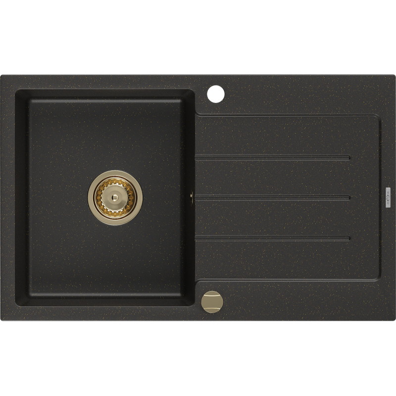 Mexen Bruno fregadero de granito de 1 cubeta con escurridor 795 x 495 mm, negro/dorado metálico, sifón dorado