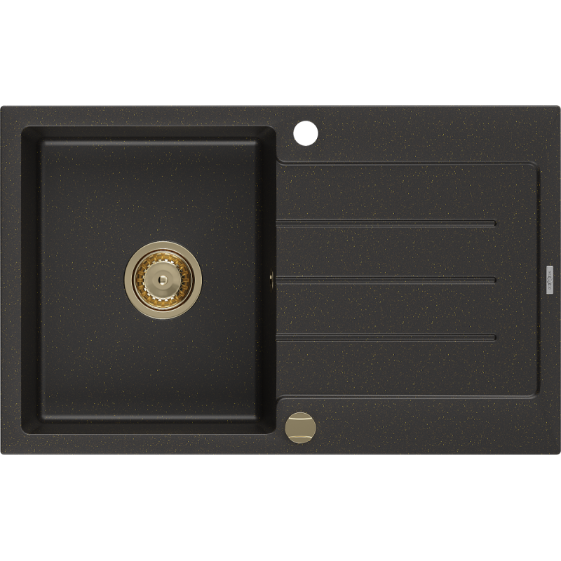Mexen Bruno Granitspüle 1-beckig mit Abtropffläche 795 x 495 mm, schwarz/gold-metallik, goldener Siphon - 6513791010-75-G