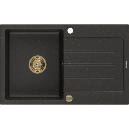 Mexen Bruno évier en granit 1 bac avec égouttoir 795 x 495 mm, noir/doré métallique, siphon doré - 6513791010-75-G