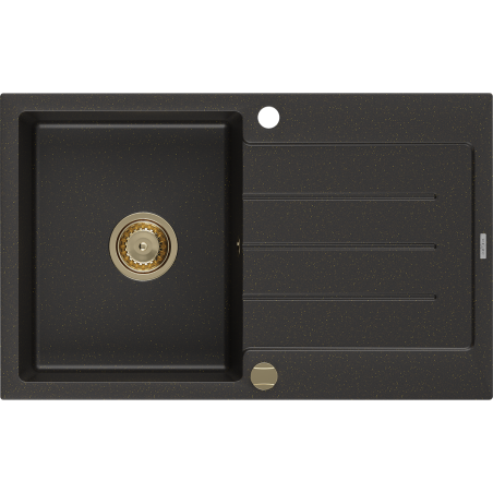 Mexen Bruno Granitspüle 1-beckig mit Abtropffläche 795 x 495 mm, schwarz/gold-metallik, goldener Siphon - 6513791010-75-G