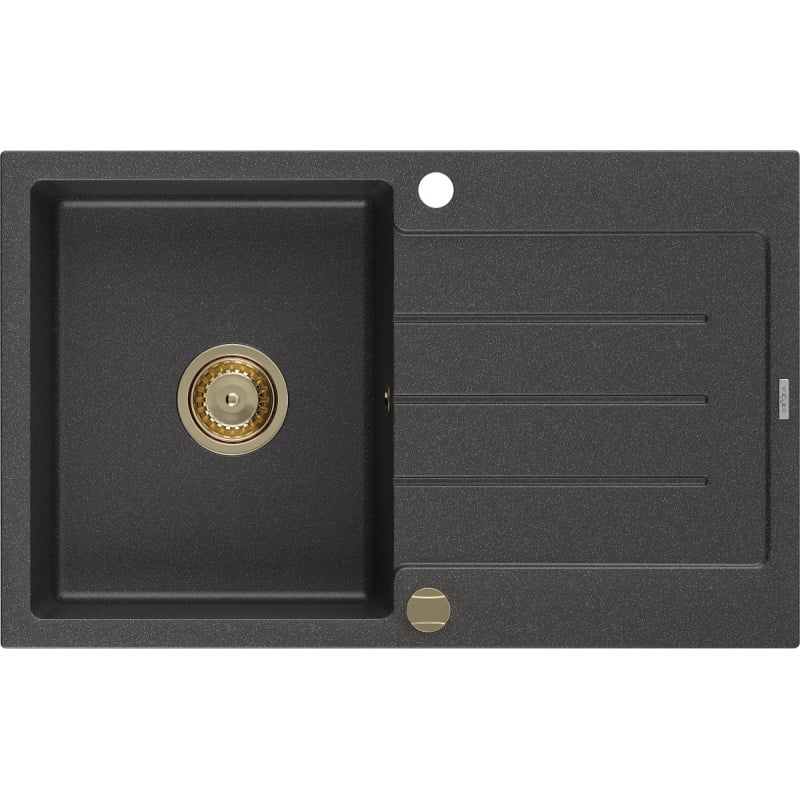 Mexen Bruno black speckled granite sink 1-bowl with drainer 795 x 495 mm, gold siphon - 6513791010-76-G