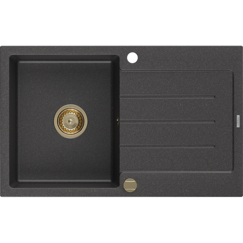 Mexen Bruno Granitspüle 1-beckig mit Abtropffläche 795 x 495 mm, schwarz gesprenkelt, goldener Siphon - 6513791010-76-G