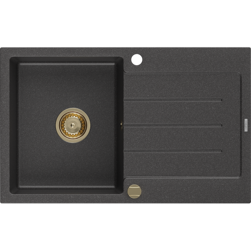 Mexen Bruno lava-louças em granito 1-cuba com escorredor 795 x 495 mm, preto salpicado, sifão dourado - 6513791010-76-G