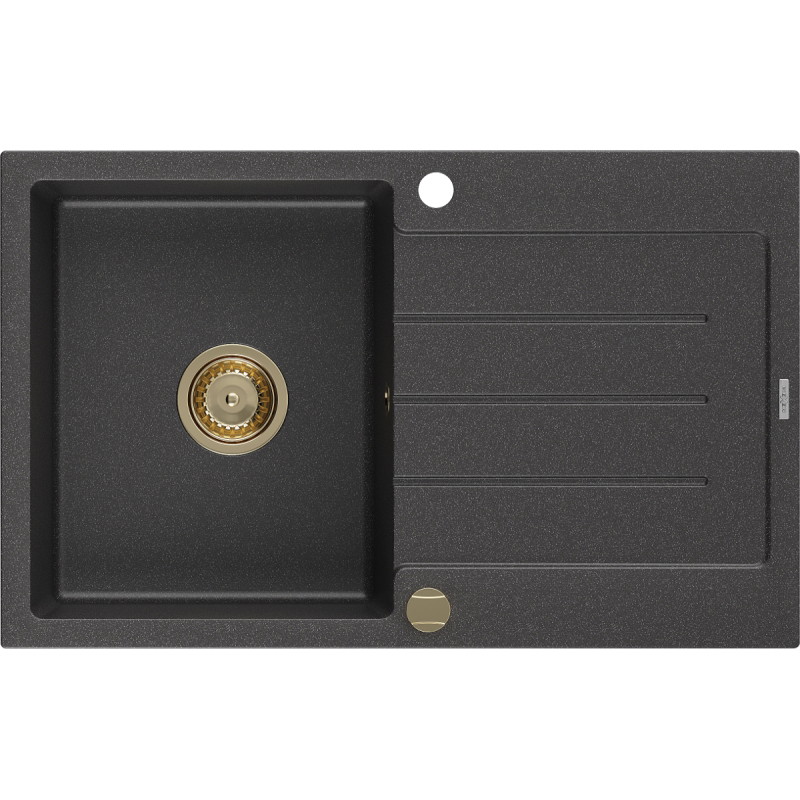 Mexen Bruno lavello in granito a 1 vasca con scolapiatti 795 x 495 mm, nero maculato, sifone dorato - 6513791010-76-G
