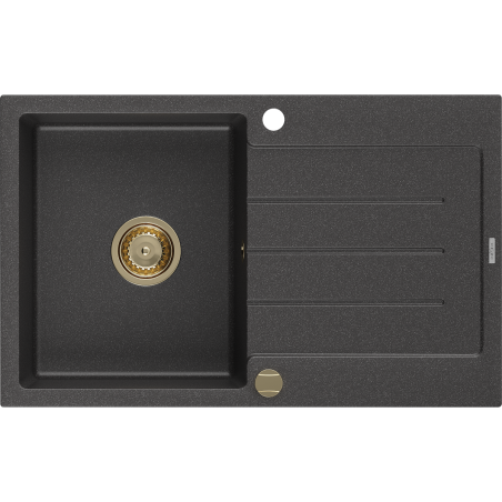 Mexen Bruno évier en granit à 1 bac avec égouttoir 795 x 495 mm, noir moucheté, siphon doré - 6513791010-76-G