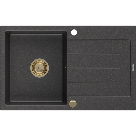 Mexen Bruno Granitspüle 1-beckig mit Abtropffläche 795 x 495 mm, schwarz gesprenkelt, goldener Siphon - 6513791010-76-G