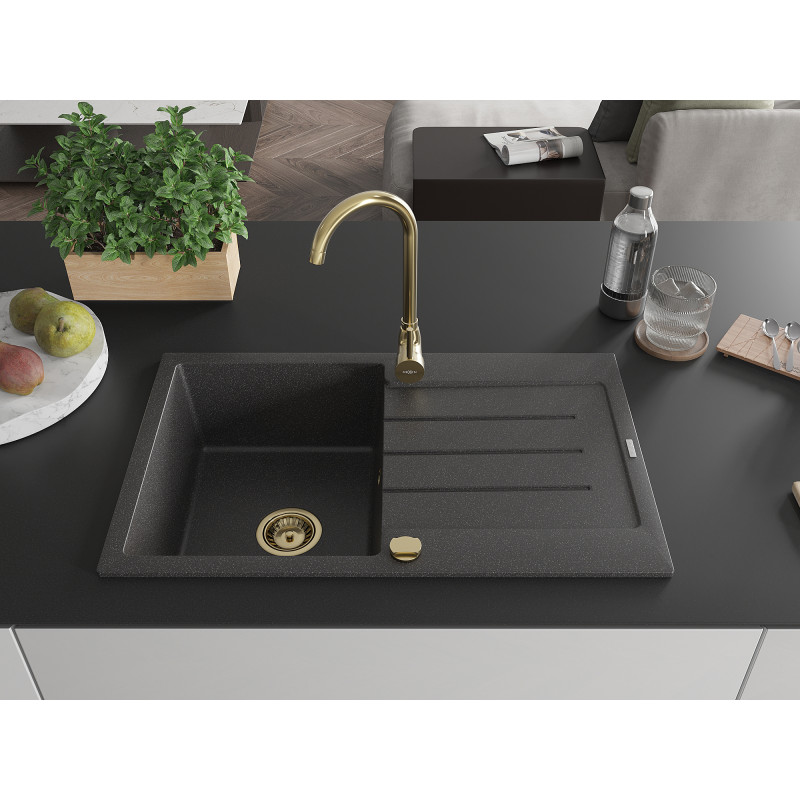 Mexen Bruno évier en granit à 1 bac avec égouttoir 795 x 495 mm, noir moucheté, siphon doré - 6513791010-76-G
