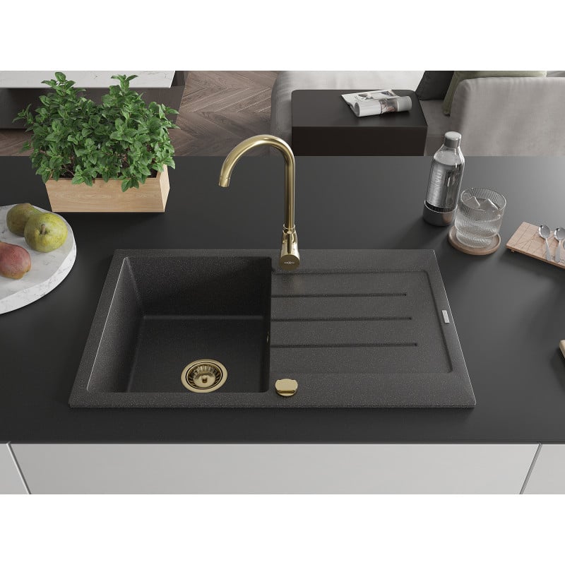 Mexen Bruno fregadero de granito de 1 cubeta con escurridor 795 x 495 mm, negro moteado, sifón dorado - 6513791010-76-G