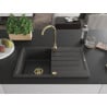 Mexen Bruno Granitspüle 1-beckig mit Abtropffläche 795 x 495 mm, schwarz gesprenkelt, goldener Siphon - 6513791010-76-G