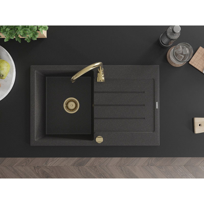 Mexen Bruno granit diskbänk 1-fack med avrinningsplatta 795 x 495 mm, svart med stänk, gyllene sifon - 6513791010-76-G