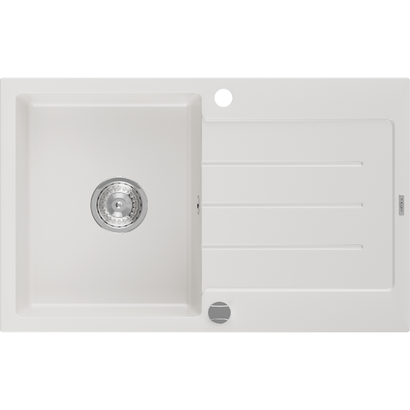 Mexen Bruno évier en granit 1 bac avec égouttoir 795 x 495 mm, blanc, siphon chromé - 6513791010-20
