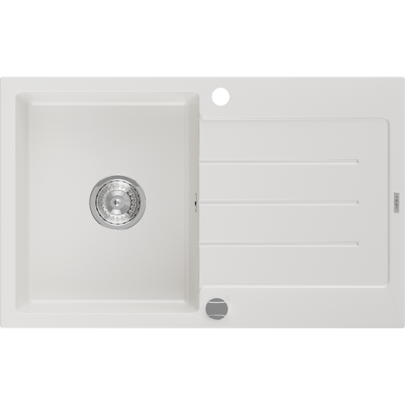 Mexen Bruno granieten gootsteen 1-kompartement met afdruiprek 795 x 495 mm, wit, sifon chroom - 6513791010-20