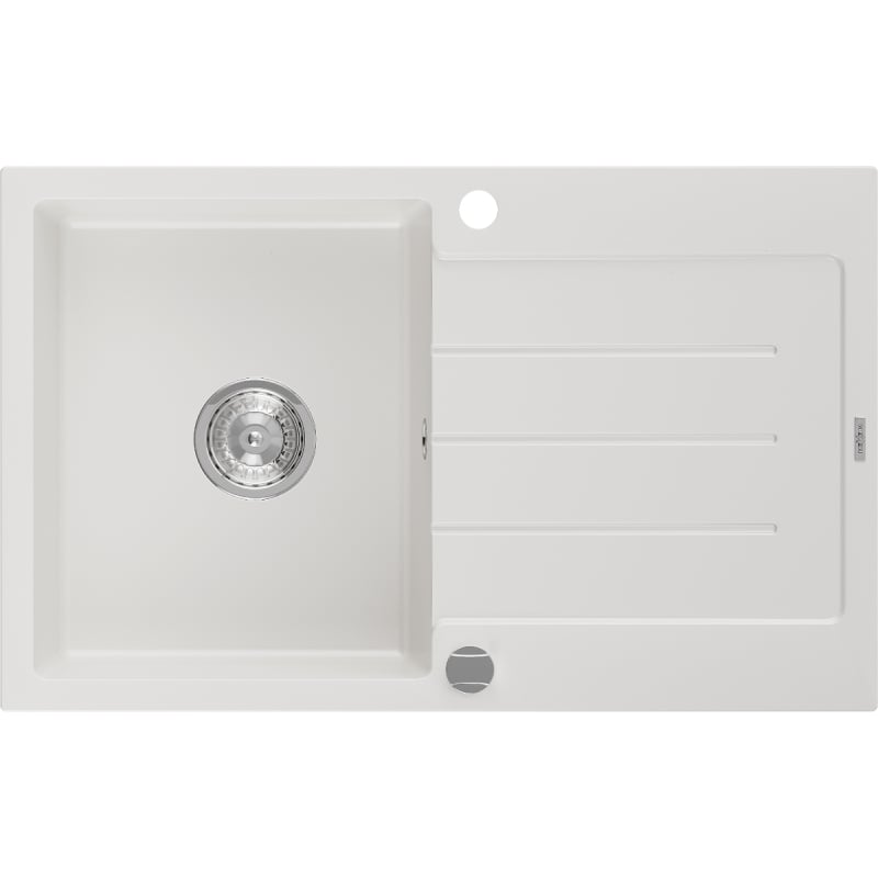 Mexen Bruno granitni sudoper s jednom komorom i ocjednikom 795 x 495 mm, bijeli, kromirani sifon - 6513791010-20