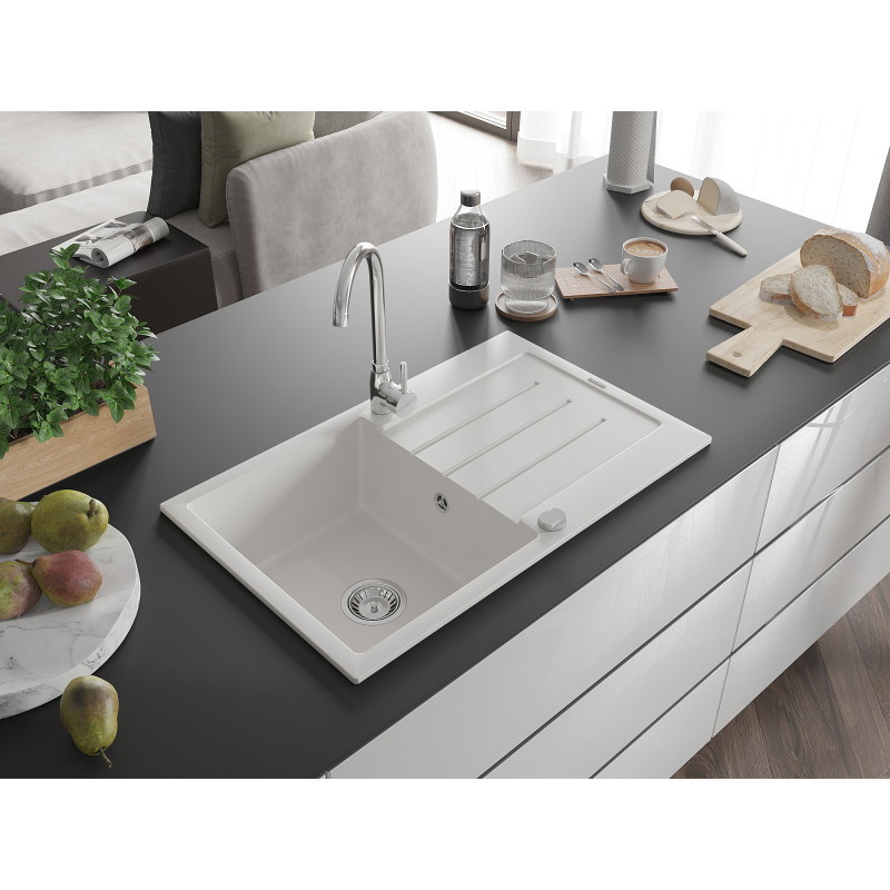 Mexen Bruno granieten spoelbak 1-kompartement met afdruiprek 795 x 495 mm, wit, chrom sifon - 6513791010-20